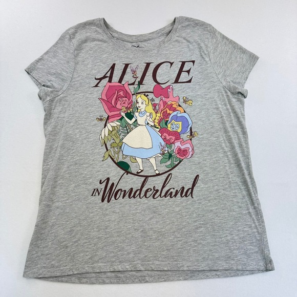 Disney Tops - Disney Alice in Wonderland Graphic T-Shirt Gray Women Flowers Short Sleeve Large